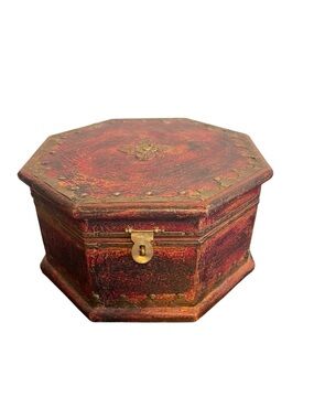 Vintage Red Octagonal Wooden Keepsake Box Brass Studded Jewelry Chest Distressed